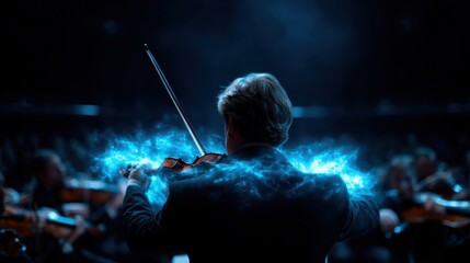 Fototapeta premium A captivating moment of a conductor leading an orchestra, with dynamic energy and a mystical aura surrounding, representing the power of music and collective passion in performance.