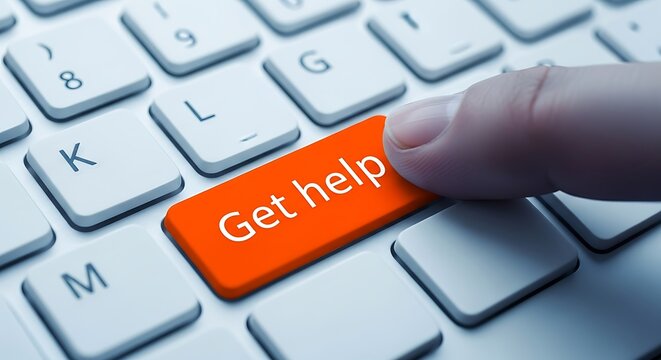 Person pressing a get help button on a white computer keyboard with a finger to seek assistance or support online.