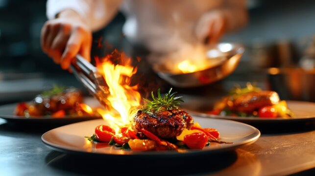 A professional chef skillfully sears meat with fresh ingredients, creating a dramatic flaming effect in a bustling kitchen, showcasing culinary artistry and passion for cooking.