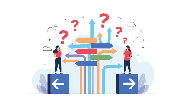 Two women stand on directional signposts surrounded by question marks while trying to decide on the best career path or business choice.
