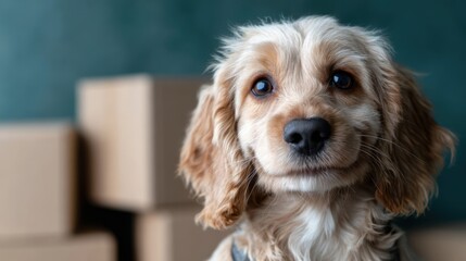 Obraz premium A charming puppy with fluffy fur and bright eyes poses cutely against a backdrop of stacked boxes, evoking feelings of warmth and companionship in a cozy setting.