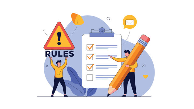 Group of professionals reviewing a large compliance checklist with rules and warning signs to ensure business standards and regulations.