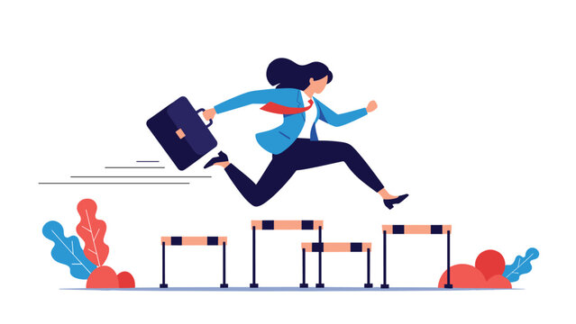 Businesswoman in a suit jumping over hurdles, symbolizing the act of overcoming career obstacles and professional challenges.