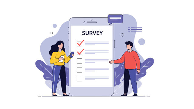 Man and woman standing near giant smartphone with digital survey form on screen for customer feedback and research.