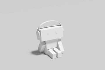 3D illustration of a minimalist toy robot sitting with headphones, white clay style, isolated on transparent background.