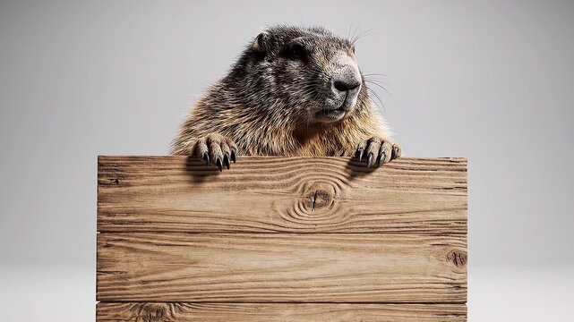 groundhog day -  Curious marmot peeking over wooden sign against plain background - hd and 4k