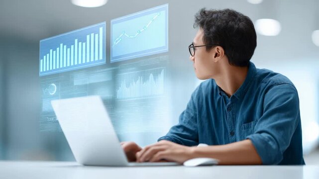 Professional software developer analyzing advanced holographic big data visualization, typing on laptop while working in futuristic digital workspace with cutting edge technological interface