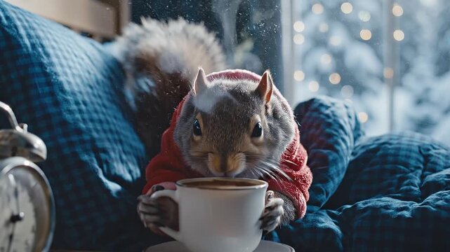   Squirrel in sweater holding cup indoors by snowy window - hd and 4k
