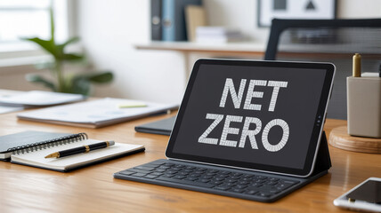 Office desk with a digital tablet showing oeNet Zero? and a perfectly balanced pen and notebook beside it, symbolizing a business making no profit and no loss.