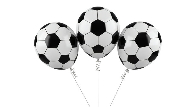 Three soccer ball balloons floating with ribbons isolated on transparent background