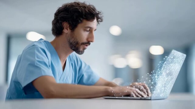 Medical professional works on a laptop, a futuristic network graphic emanating from the screen, suggesting integration with advanced ai technology in a modern hospital setting