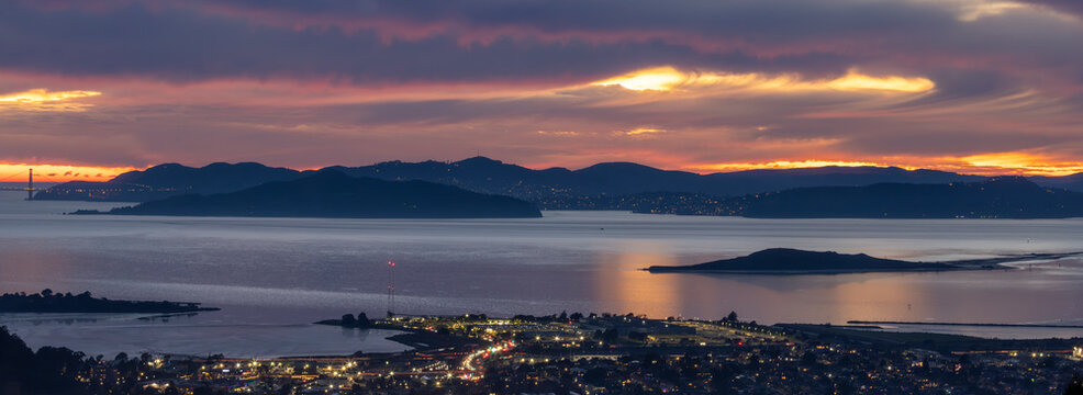 Angel Island and Brooks Island, Late Sunset, Seen from Berkeley Hills over the Berkely Marina,  Marin and Golden Gate Bridge in distance