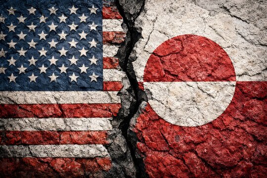Bandeiras dos Estados Unidos e Groel&acirc;ndia separadas por rachadura em parede de concreto