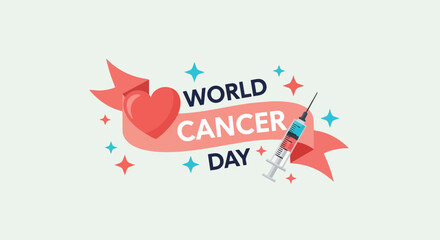 Obraz premium Flat design close up world cancer day text with heart and syringe symbols surrounded by pink and blue stars on light background