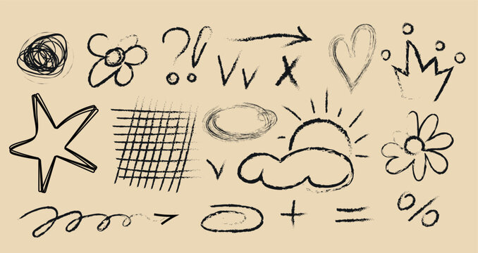 Set collection freehand sketches and doodles flowers strokes, arrows, hearts, stars, and scribbles