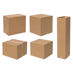 Fototapeta premium Collection of various brown cardboard delivery boxes isolated on transparent background