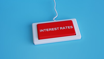 Interest Rates Concept with Red Button, Monetary Policy, Inflation and Central Bank Decision on Blue Background, 3D Illustration