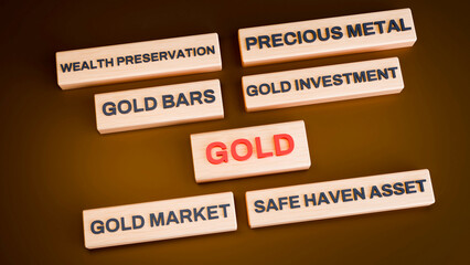 3D Wooden Blocks Gold Investment Concept with Gold Bars, Wealth Preservation and Financial Stability on Blue Background