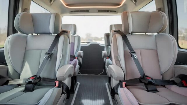 Interior of a childsafe minibus showing neatly arranged booster seats with soft cushioning emphasizing safety and comfort for young passengers during transport.