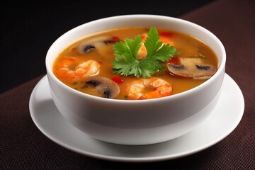 Shrimp soup with mushrooms and vegetables in bowl
