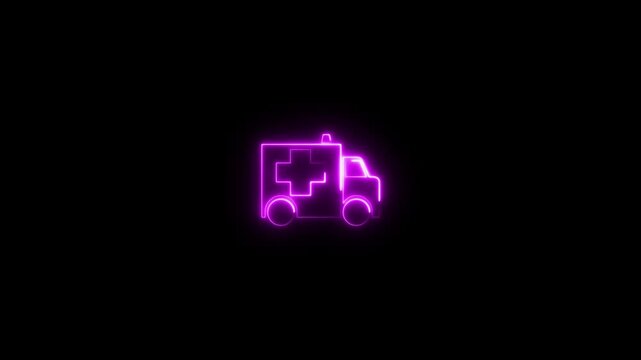 An animated neon ambulance icon animation with a medical cross. Neon purple color Ambulance icon on black background.