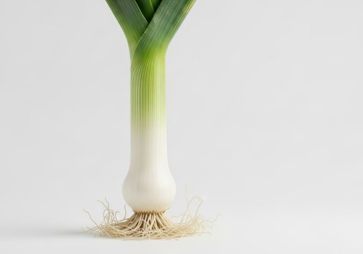 Close-up vertical studio shot highlighting the rough, fibrous roots and the smooth, layered white bulb transitioning to vibrant green foliage, green, savory, stem
