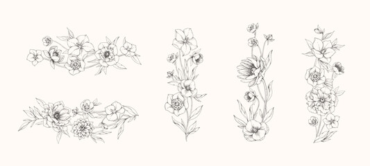 Obraz premium Hellebore flowers horizontal border with detailed various foliage, intricate details and delicate forms. Elegant floral design elements. Hand drawn illustration