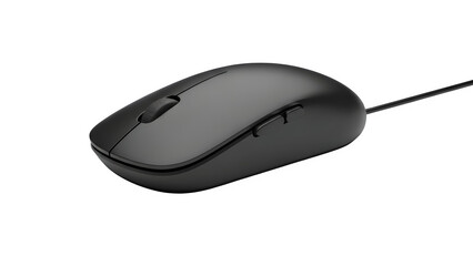 Black wired computer mouse with scroll wheel and side buttons, isolated on transparent background