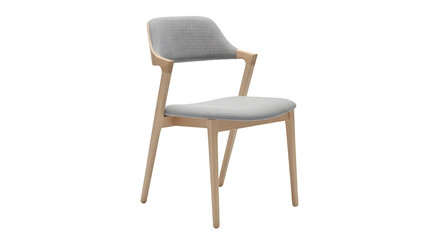 Modern dining chair with light wood frame and textured gray fabric upholstery isolated on transparent background