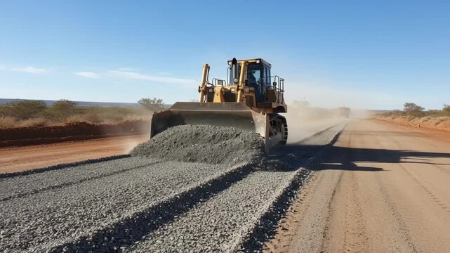 Medium shot showing gravel redistribution on a track haul road by a bulldozer emphasizing upkeep of unpaved routes vital for heavy equipment movement.