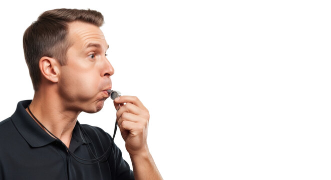 Man in black polo shirt blowing a whistle isolated on transparent background