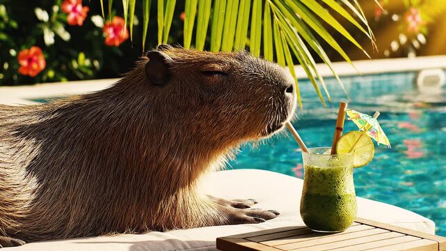 groundhog day -  Nutria relaxing poolside with cocktail and tropical plants - hd and 4k