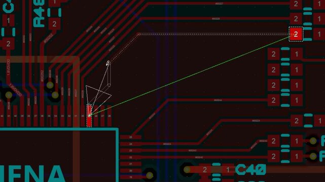 Video animation with tracing conductors of printed circuit board of electronic device with components of radio elements, contact pads. Engineering technic education computer schematic diagram of pcb. 