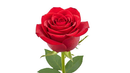 Beautiful single red rose flower bloom with green stem and leaves isolated on transparent background