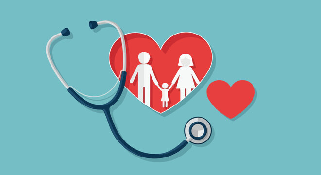 Flat design stethoscope and family heart symbol with mother father and child icons health care and medical concept in blue background