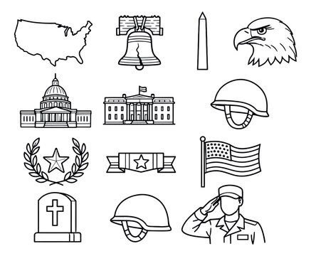 Hand drawn line art American patriotic icons set featuring the US map, Liberty Bell, Capitol, White House, flag, eagle, and soldier for national holidays