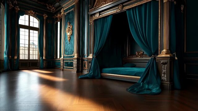 Luxurious green and gold bedroom with sunlight entering through large window