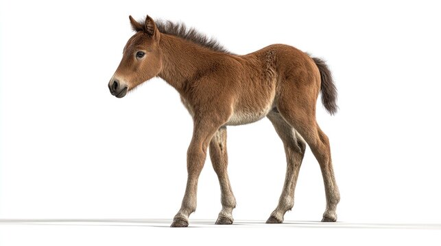 Brown foal, young horse, cute animal, equine portrait isolated on White Background