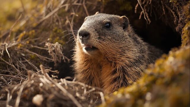 groundhog day -  A curious groundhog peeks from burrow among grass - hd and 4k