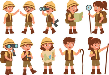 Cute children scout characters set with kids in safari uniforms holding maps binoculars and walking sticks for outdoor exploration. © Mukta  Creative