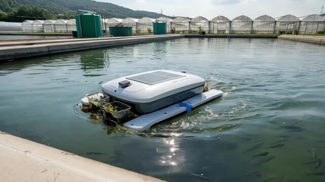 Surface skimmer robot efficiently gathers floating waste and leaves from the water surface of a commercial fish pond enhancing water quality and ecosystem health.