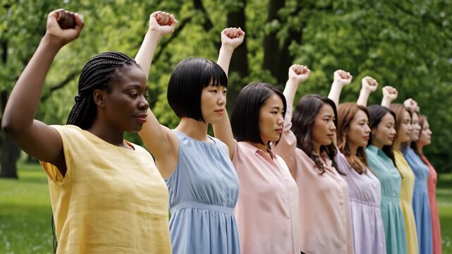Diverse women standing in a line in a park and raising their fists. It represents unity, strength, and female empowerment. Ideal for International Women's Day or social activism campaigns.