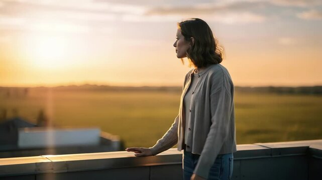 Medium shot showing a rooftop vantage point with the main subject sharply focused and a sunriselit field softly blurred below.