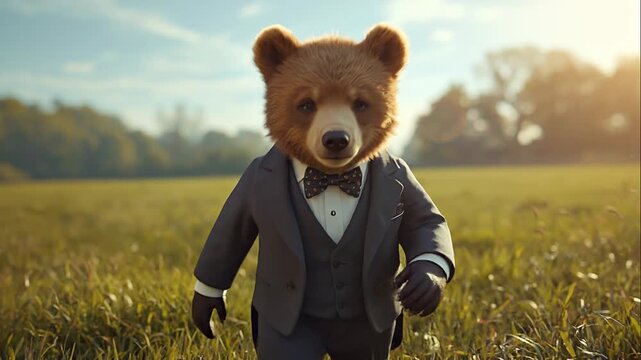  Adorable bear in tuxedo walks through grassy field at sunset - hd and 4k