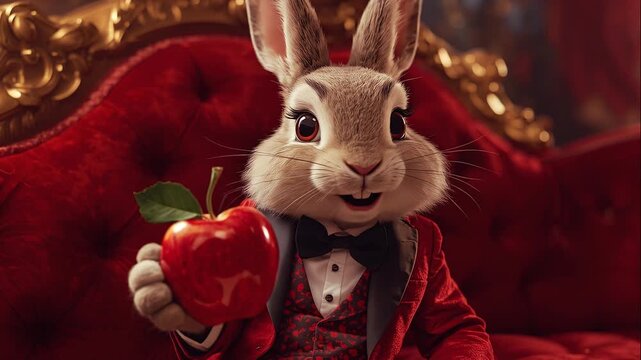 Anthropomorphic rabbit in tuxedo holding apple on ornate red sofa - hd and 4k