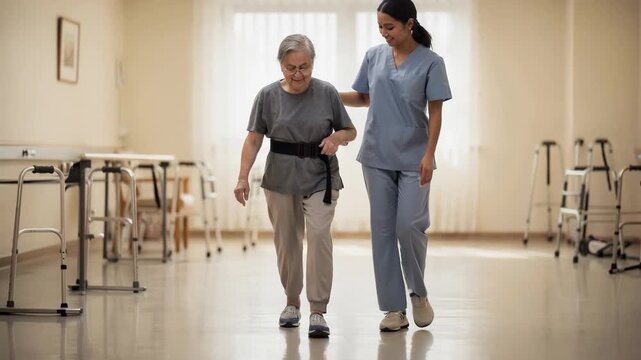 Focused view of a stroke survivor practicing walking with a gait belt in an open ambulatory rehab room softfocus on surrounding mobility aids.