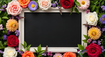 Fototapeta premium Floral Frame Blackboard Mockup Top View Flower Border