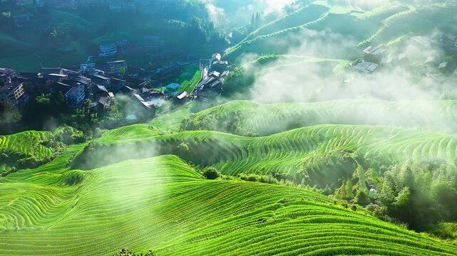 Aerial view of the spectacular Longji Rice Terraces and village landscape with morning fog in Guilin, China.