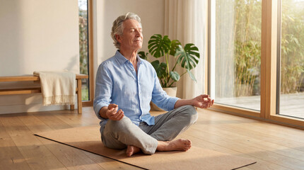 Elderly man meditating with calm expression on yoga mat indoors  