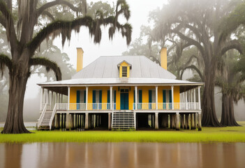 Creole cottage in Louisiana bayou during the flood, raised basement, full-width gallery porch, morning fog